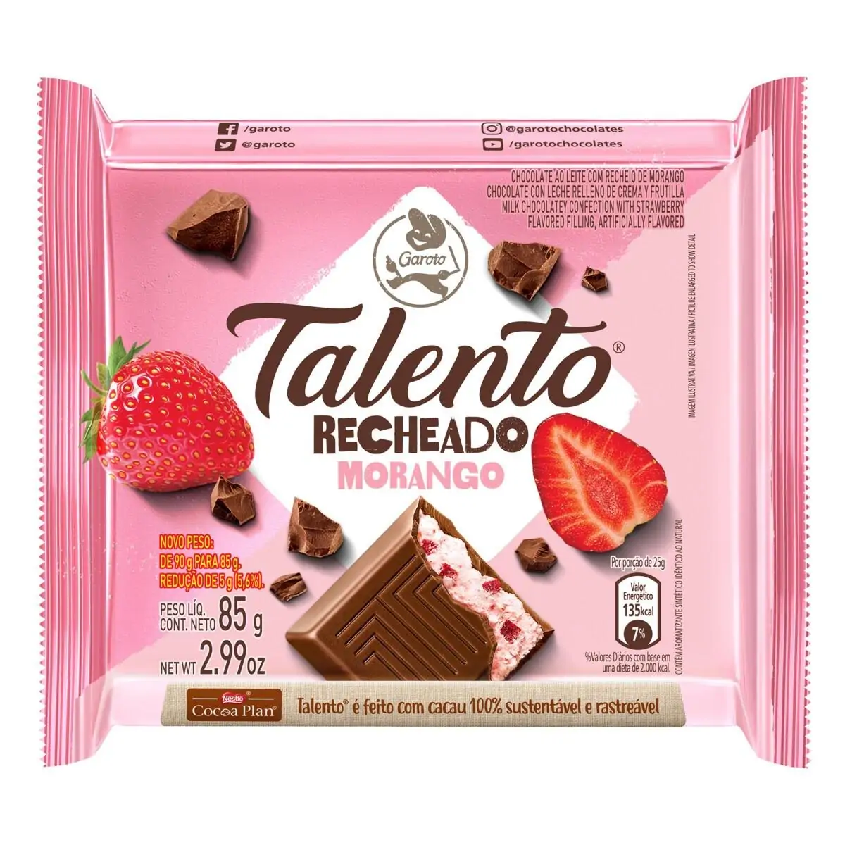 CHOC BARRA TALENTO TAB.RECH.MORANGO 85G